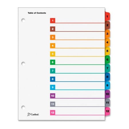 Cardinal Brands Cardinal OneStep Printable T.O.C. Divider, Printed 1 to 12, 9"x11", 12 Tabs, White/Multicolor 61218
